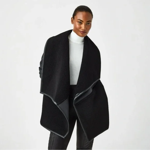 Spanx Fleece & Faux Leather Long Wrap Jacket In Very Very
Black Size Small NEW - Picture 6 of 10